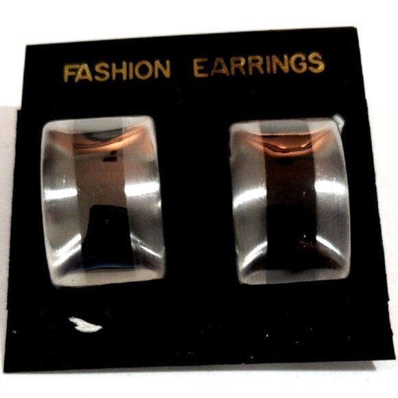 Back, Silver Dual-Tone Stud Earrings Modern Stripe Design, 0.5x1 Fashion Jewelry - Picture 1 of 8